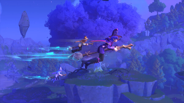 Witchspire characters flying through a magical purple biome